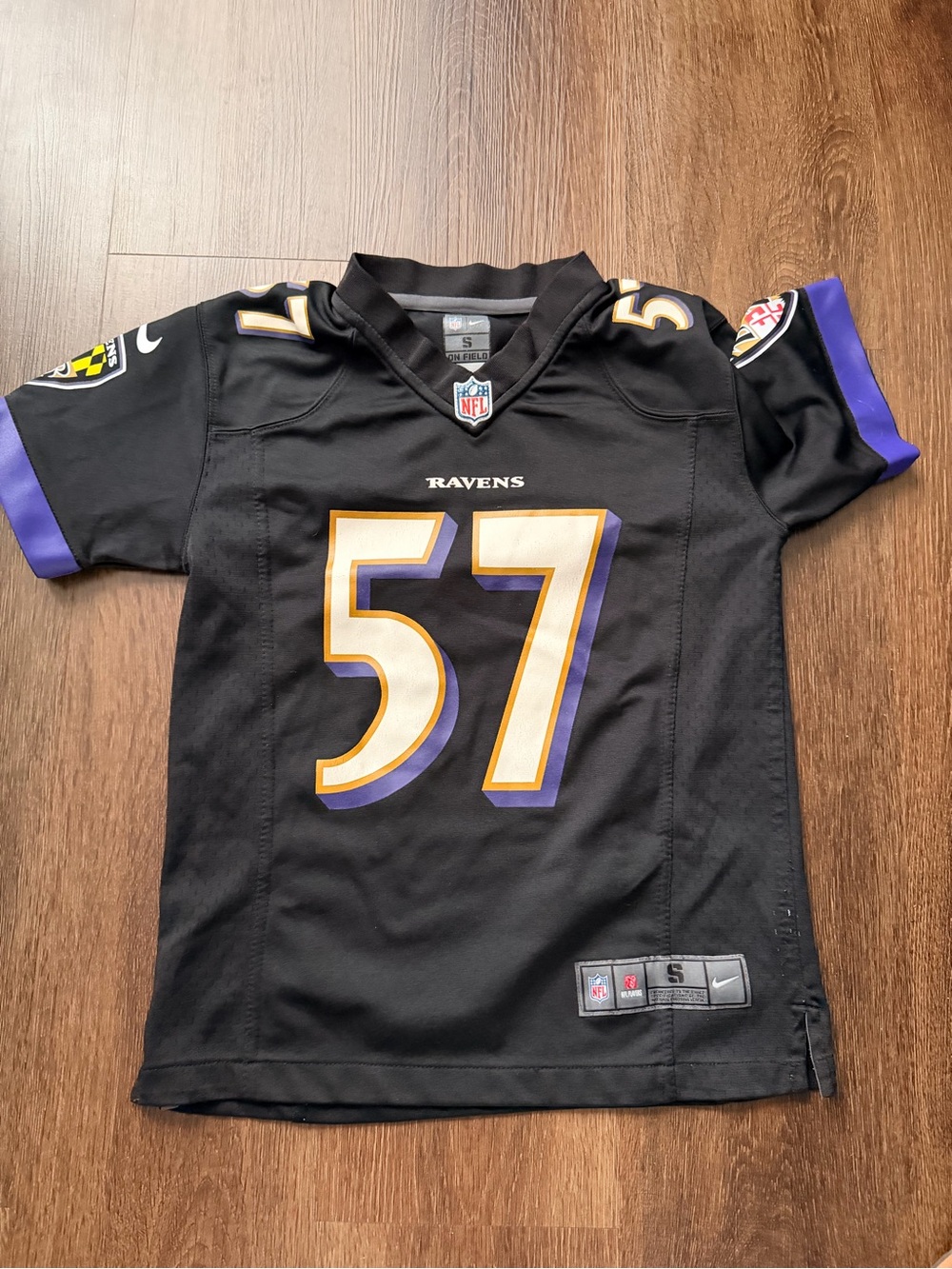 Nike Kids Baltimore Ravens #57 Black Jersey with Purple and Gold Accents